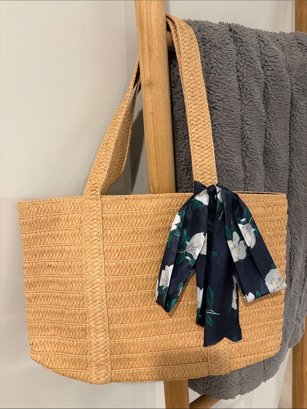 Draper James Straw Handbag Floral scarf Tan